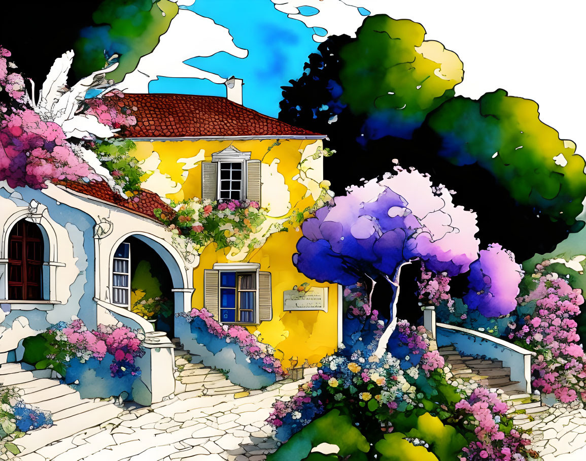 Vibrant illustration of charming yellow house with stylized trees and flowers