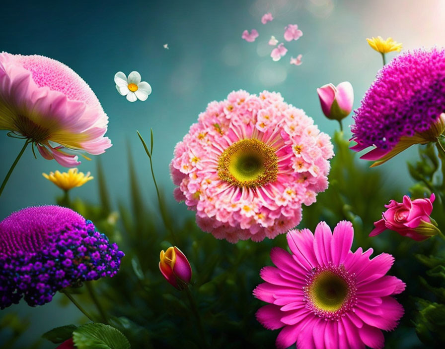 Assorted Pink and Purple Flowers on Serene Blue Background