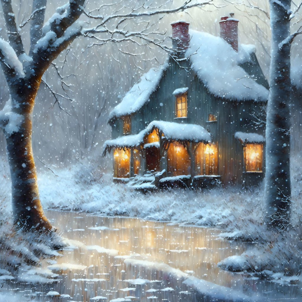 Snowy landscape with cozy illuminated cottage