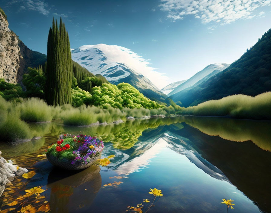 Scenic green valley, snowy peaks, serene lake, and floating flowers