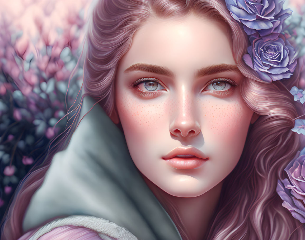 Detailed digital portrait of a woman with long hair and blue flower, surrounded by pink blossoms