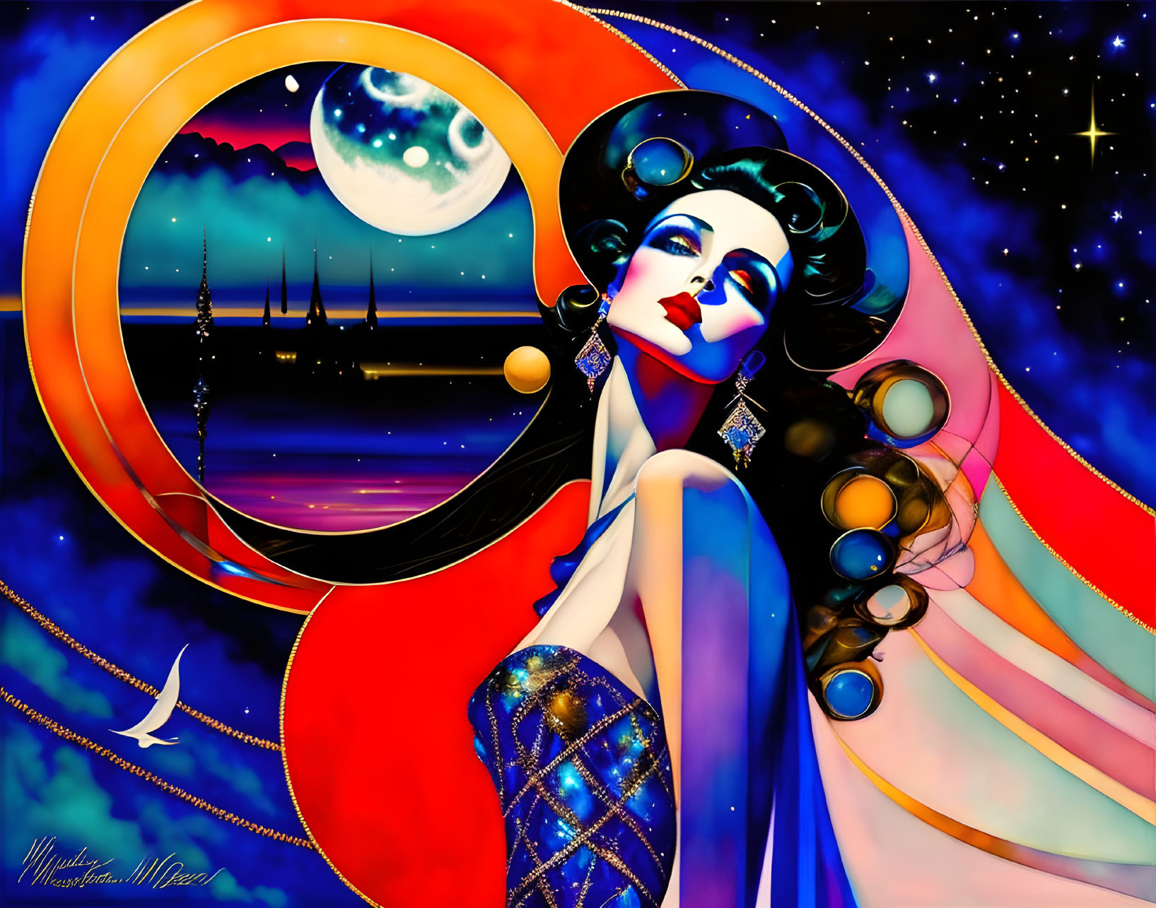 Colorful Stylized Woman Artwork with Cosmic Elements