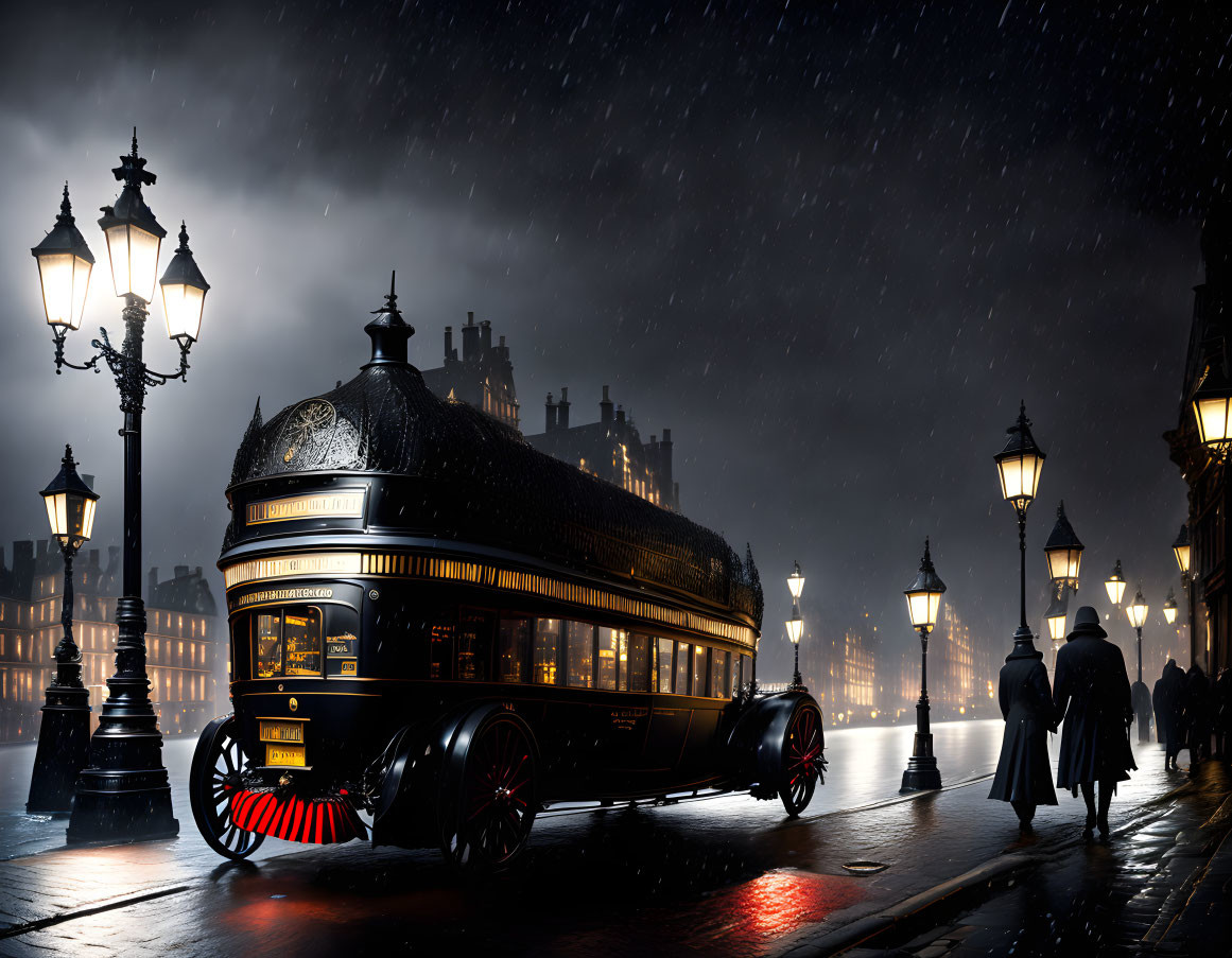 Vintage tram on wet cobblestone street at night with lampposts and pedestrians