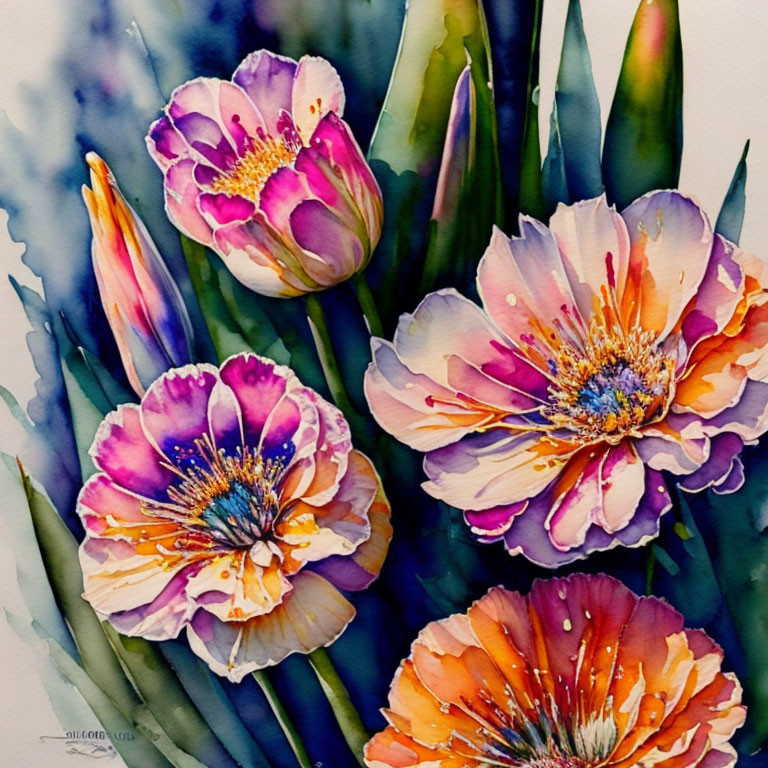 Colorful Watercolor Painting of Purple and Orange Blooming Flowers