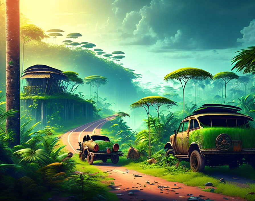 Fantasy jungle scene with futuristic cars and huts under bright sky