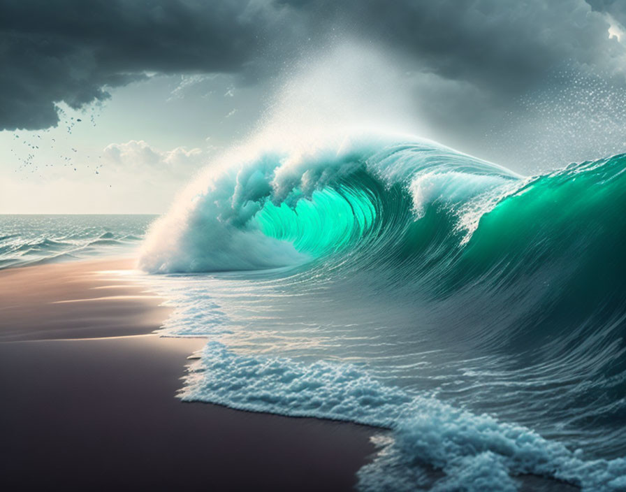 Towering Wave Crests in Sunlight Against Dramatic Sky