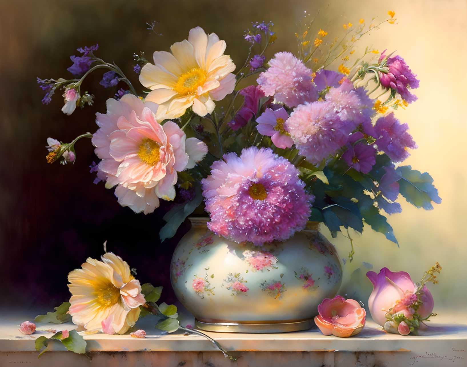 Colorful Flowers Still Life Painting with Decorative Vase