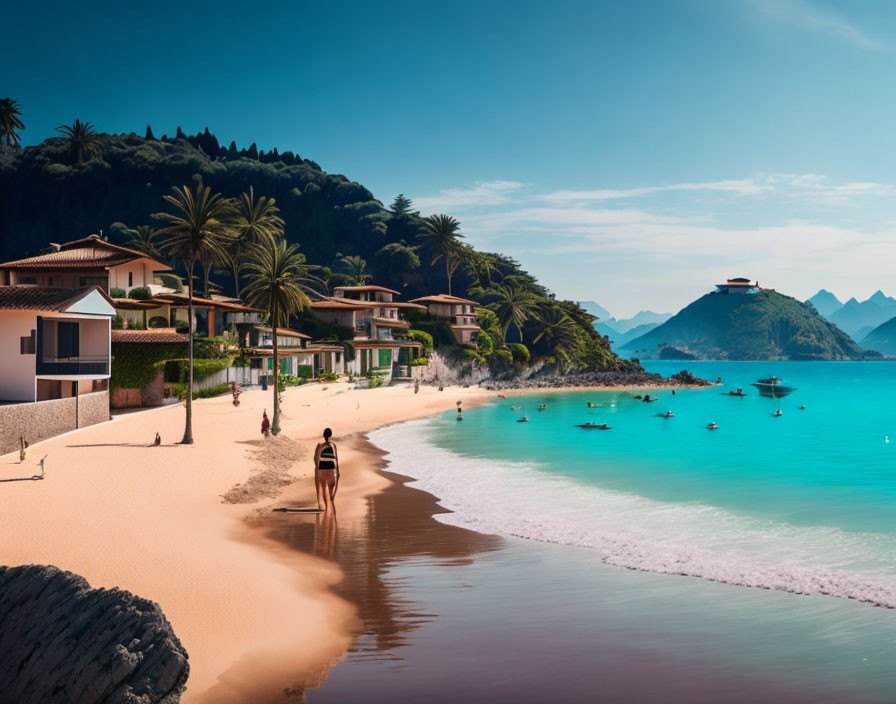 Tranquil beach scene with palm trees, villas, mountains, and person walking dog