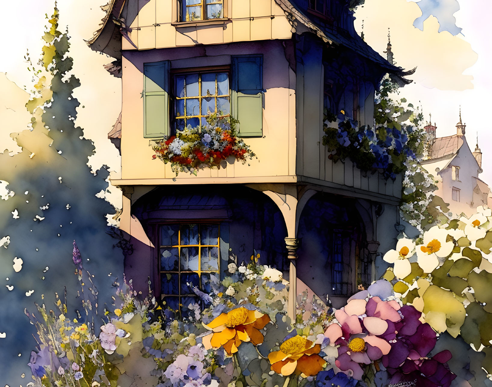 Multi-story house with blooming flower boxes and vibrant garden in watercolor style