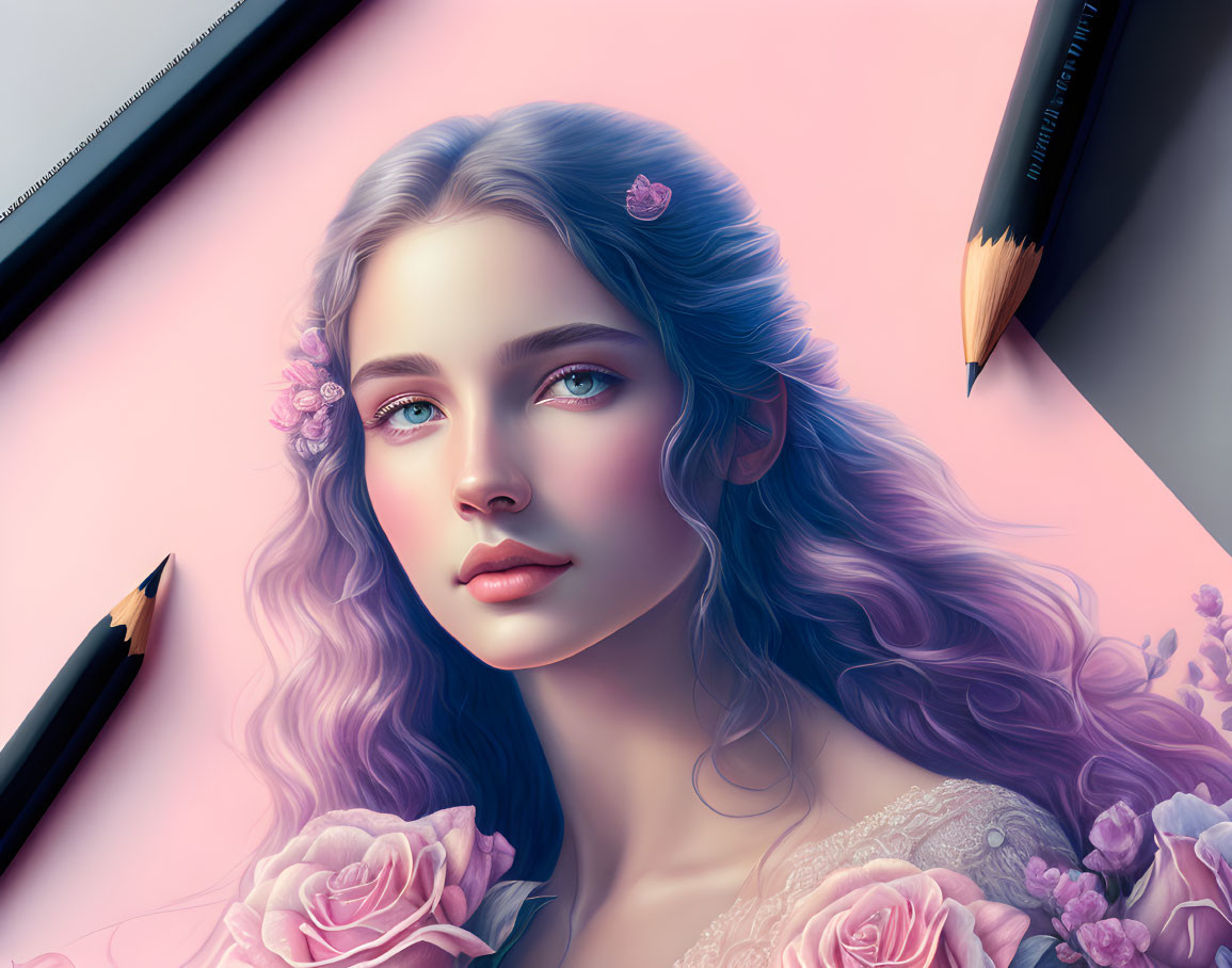 Realistic digital art: Woman with blue eyes and floral hair on pink background with pencils