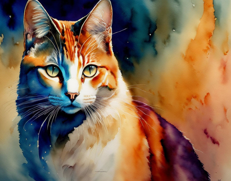 Colorful Watercolor Painting of Multicolored Cat with Yellow Eyes