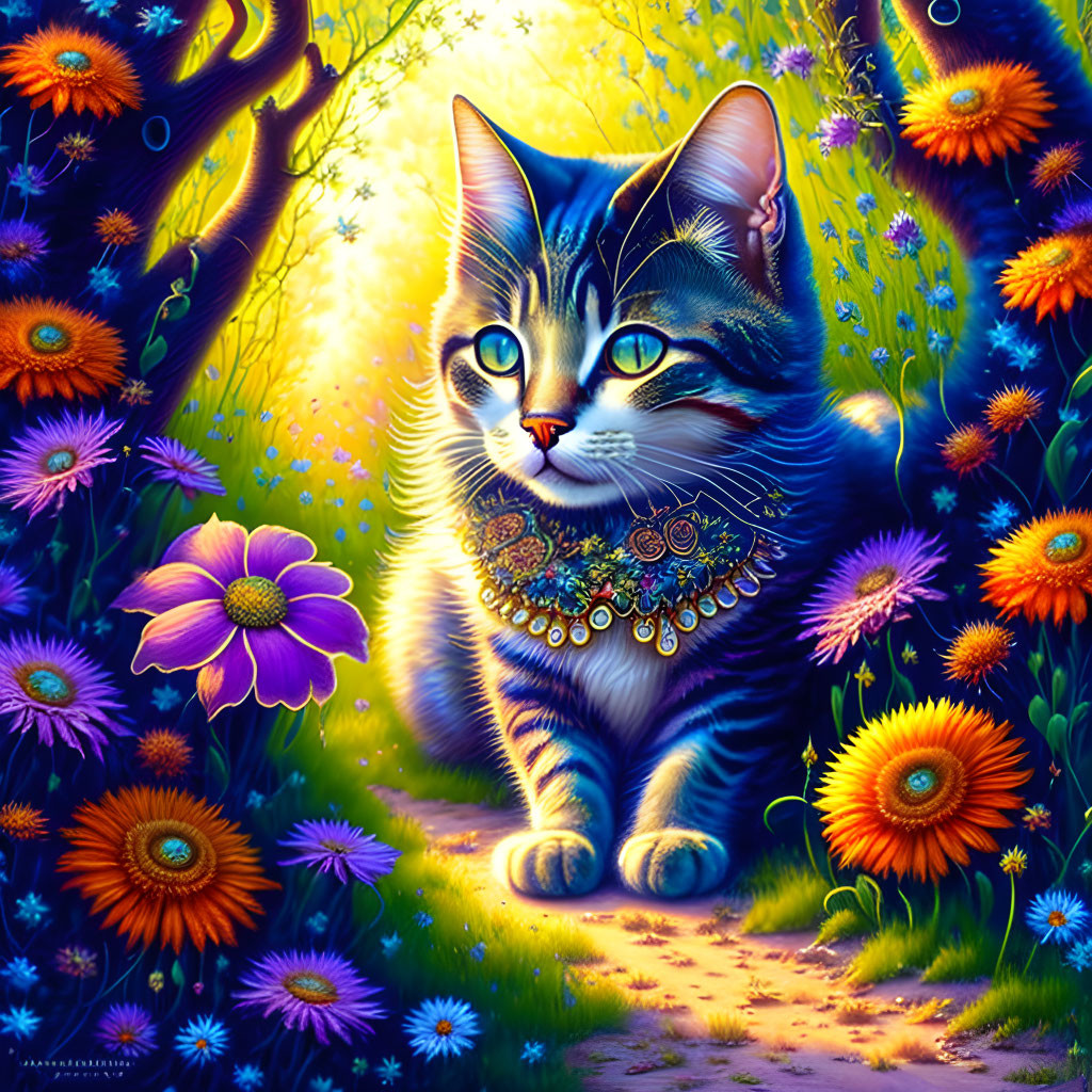 Colorful Cat Illustration in Fantasy Garden with Jewelry & Orbs