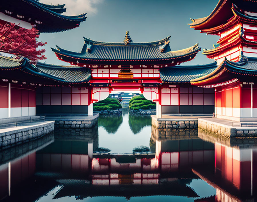 Japanese Temple with Red & White Structures Reflected in Water Pond Amid Autumn Foliage