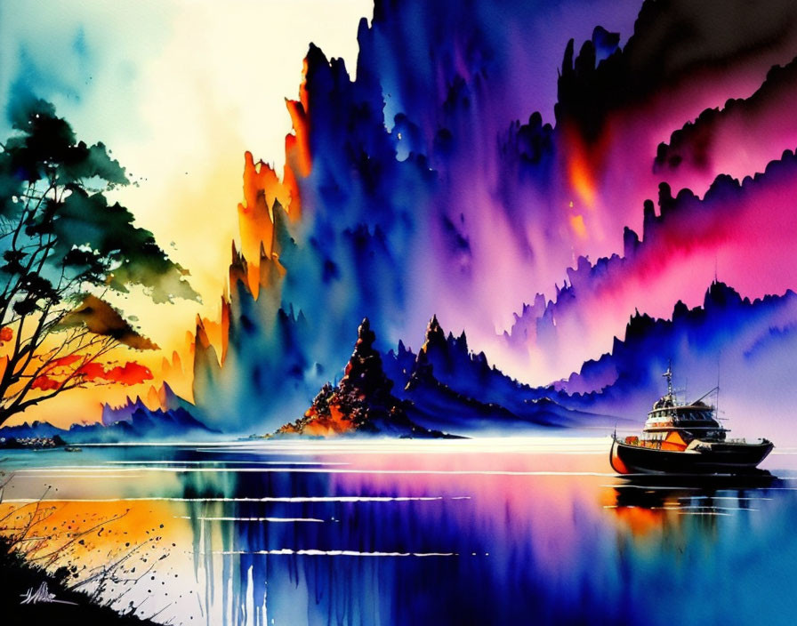 Serene landscape watercolor with boat, colorful mountains, trees