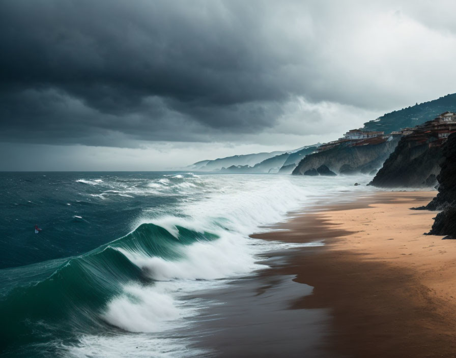 Stormy Coastal Scene: Dark Clouds, Turbulent Waves, Cliffside Buildings