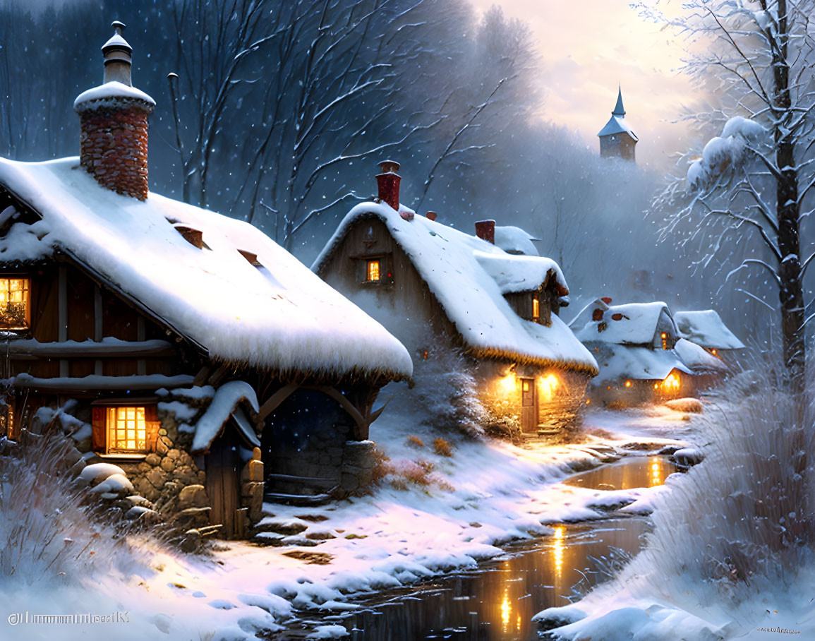 Snow-covered village with thatched-roof cottages and gentle stream in serene winter setting