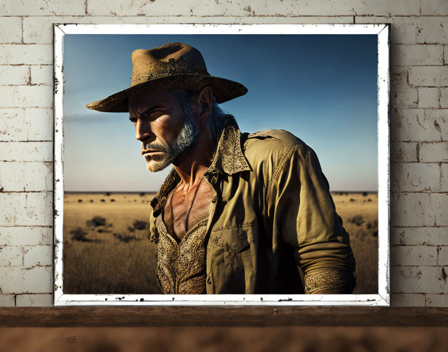 Man with stubble in hat and khaki shirt in desert at dusk artwork