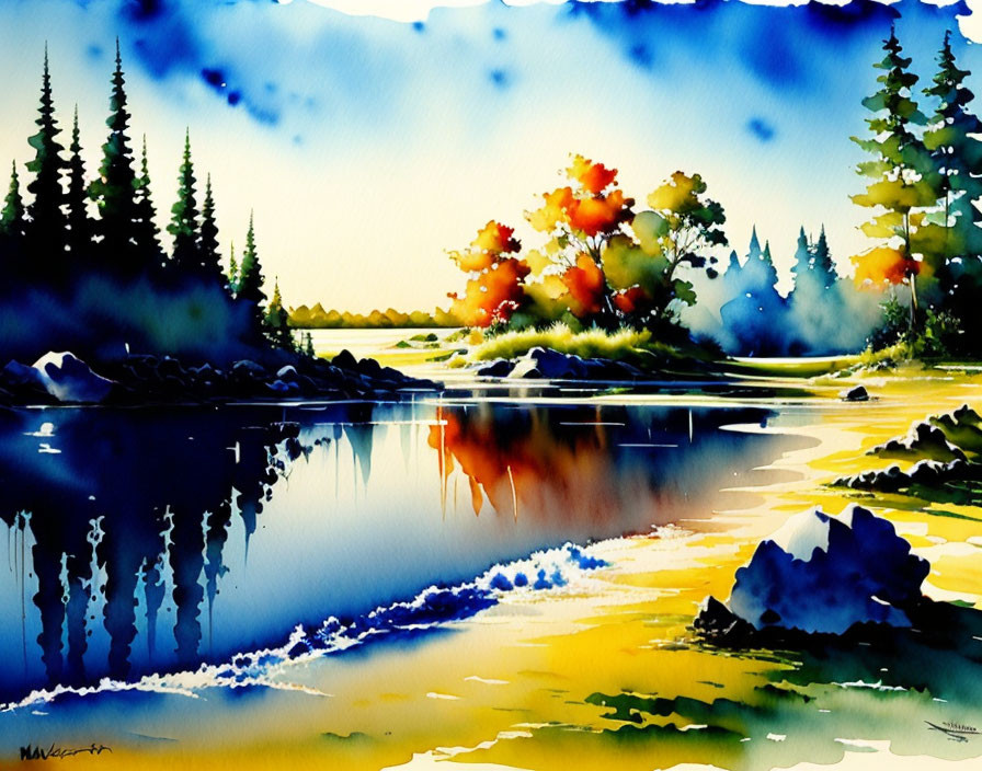 Serene watercolor landscape: river, trees, rocks, blue sky