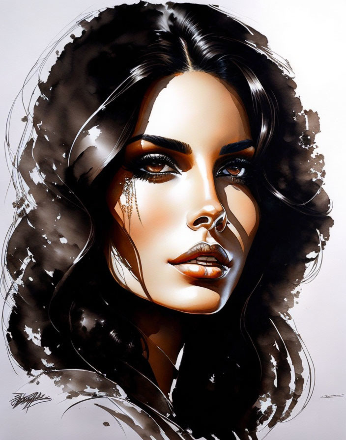 Portrait of a Woman with Dark Wavy Hair and Striking Facial Features