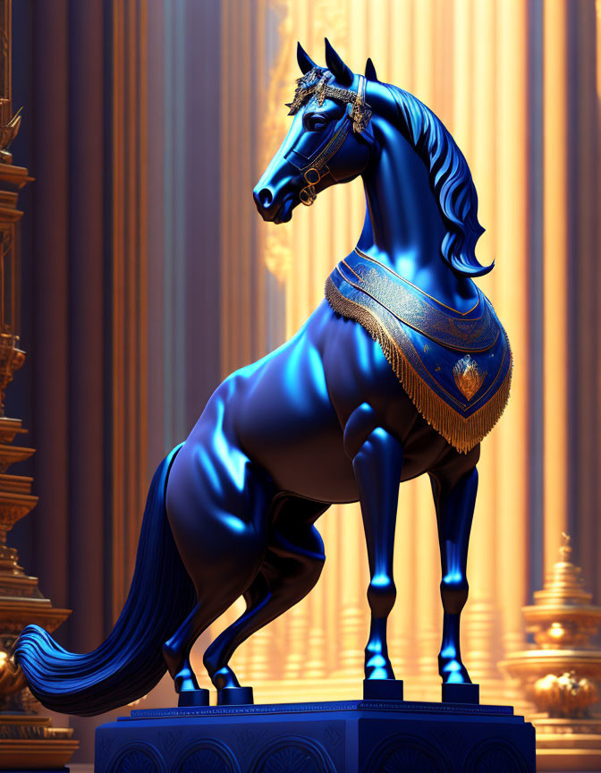 Blue and Gold Horse Statue on Pedestal with Columned Backdrop