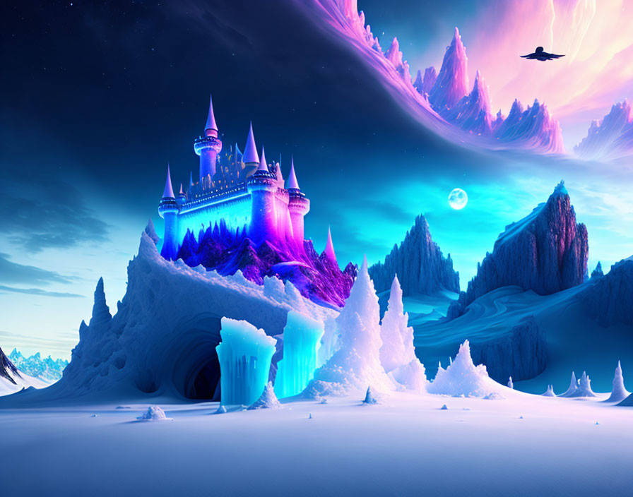 Winter landscape with glowing castle, aurora skies, and flying creature