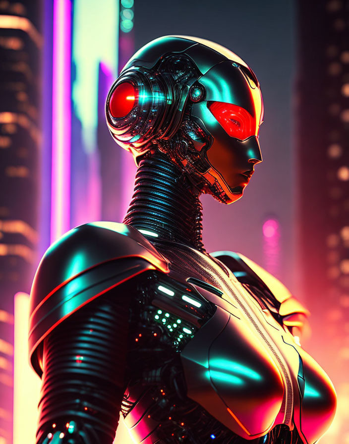 Futuristic female humanoid robot in sleek black armor in neon-lit city