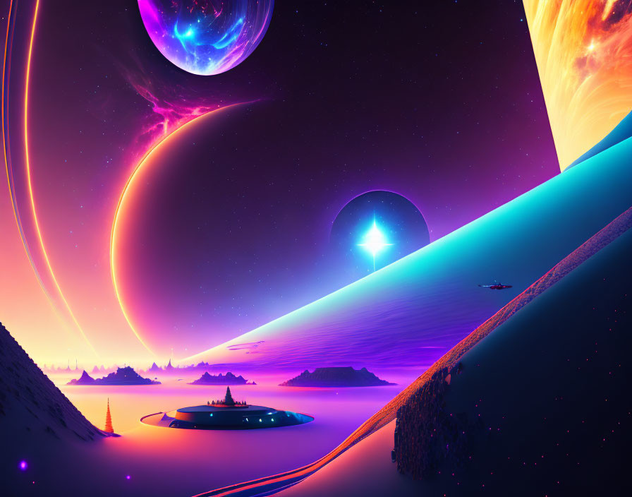 Colorful Sci-Fi Landscape with Purple Sky, Planets, Starship, and Beacon