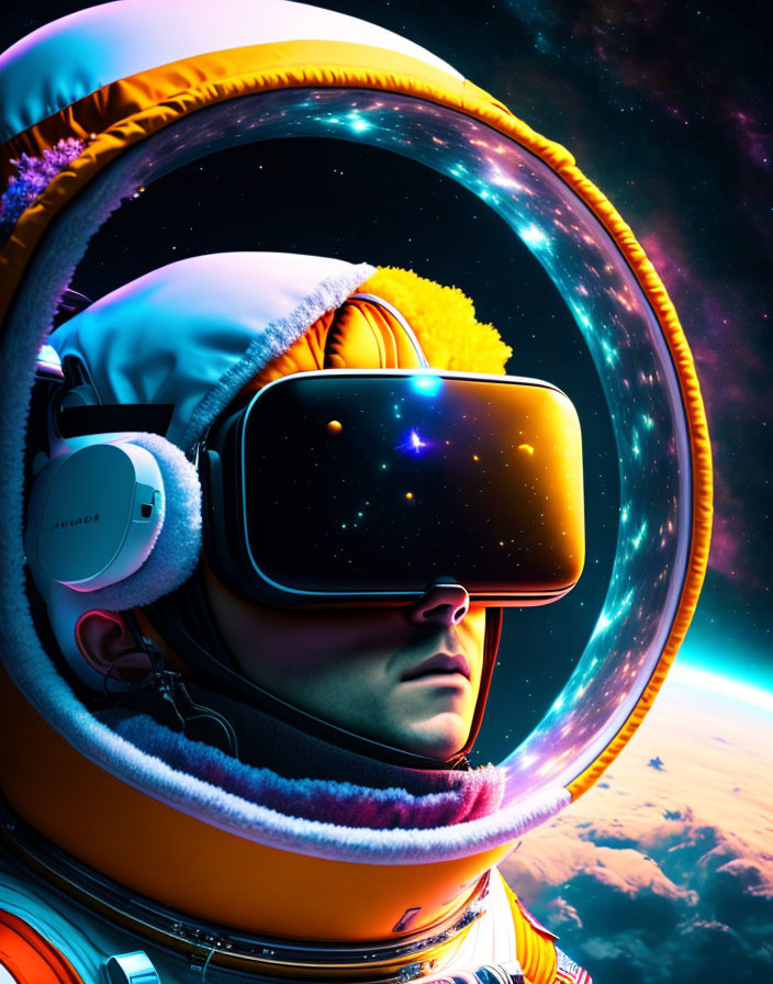 Astronaut wearing VR headset in cosmic setting