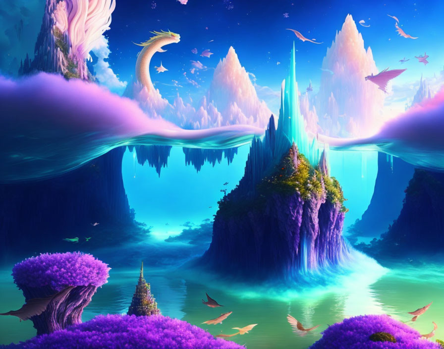 Fantasy landscape with floating islands, crystal spire, purple foliage, and mythical creatures.