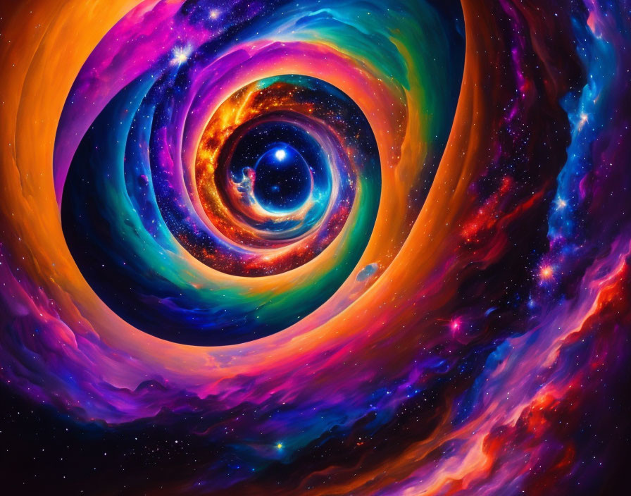 Colorful swirling galaxy with blues, purples, oranges, and reds