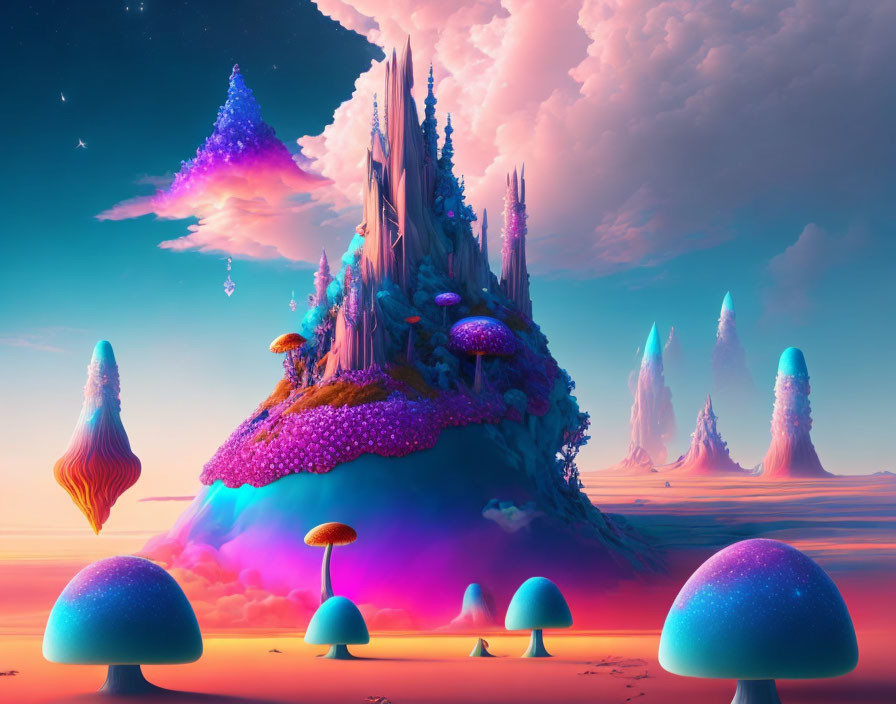 Fantasy landscape with crystal castle, mushroom formations, and pastel sunset sky