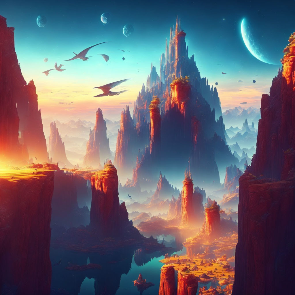 Majestic fantasy landscape with rock formations, castle, and floating islands