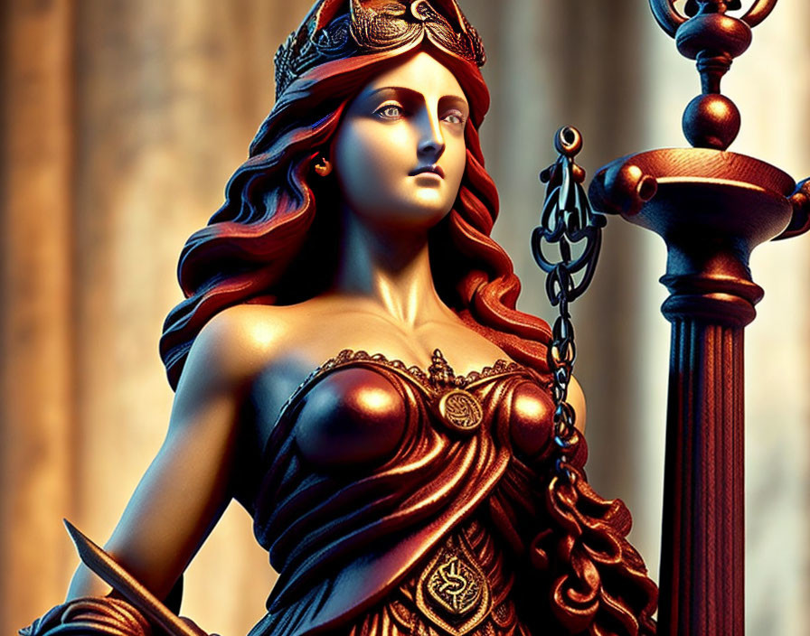 Blindfolded Lady Justice statue with scales and sword