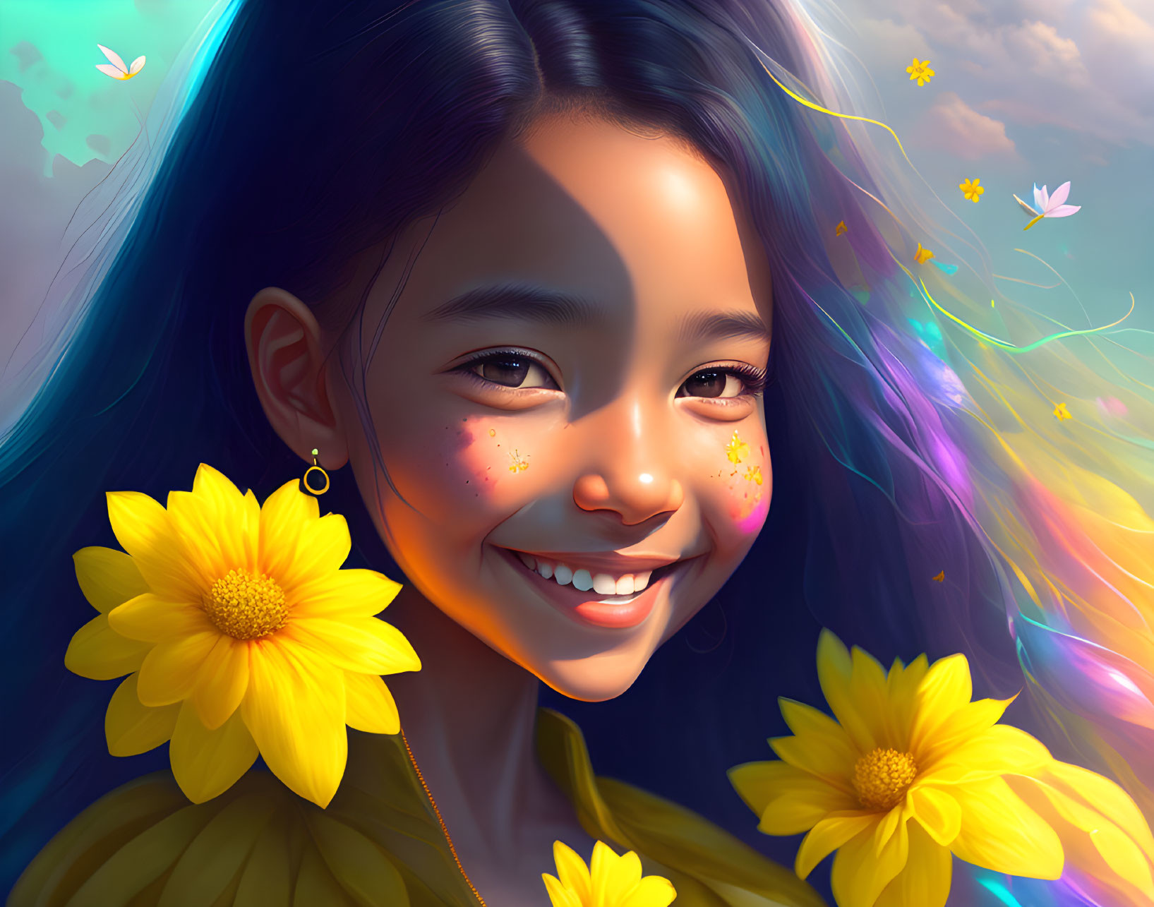 Multicolored Hair Girl Surrounded by Butterflies and Flowers