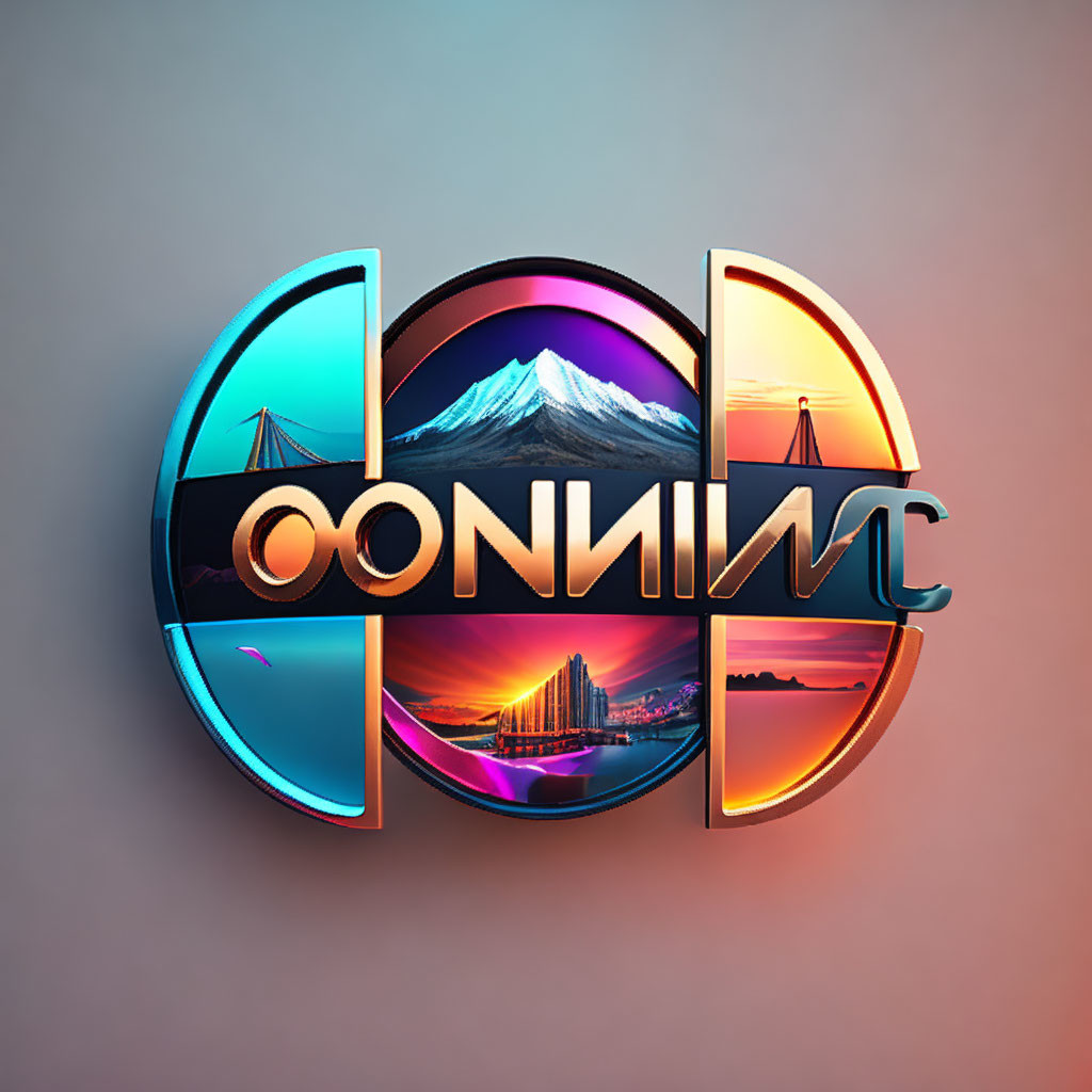 Circular logo design featuring mountain, bridge, cityscape, and water reflections