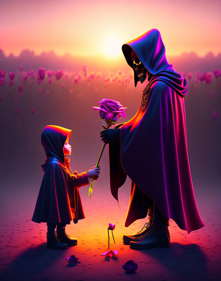 Child in hooded cloak gives flower to skeletal figure in robe in sunset field