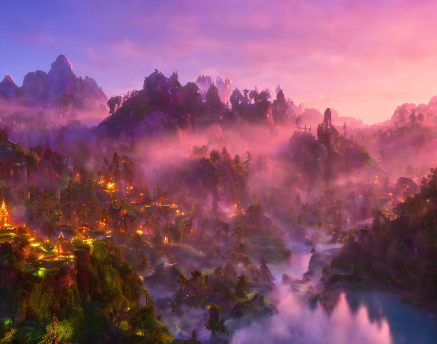 Mystical twilight landscape with illuminated settlements, fog-covered forests, rugged mountains, vibrant purple sky