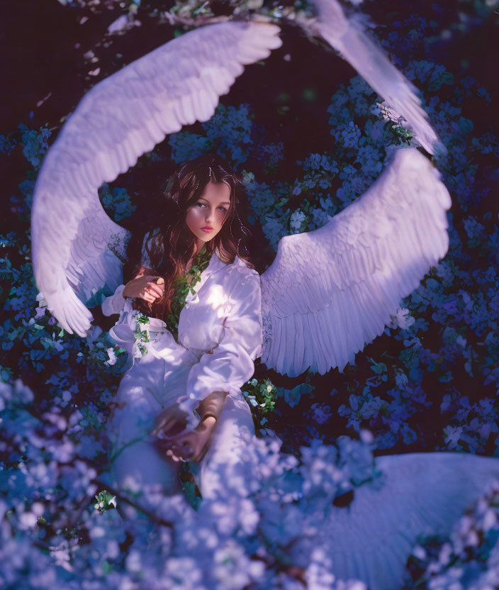 Angel with Large White Wings Surrounded by Blue Flowers