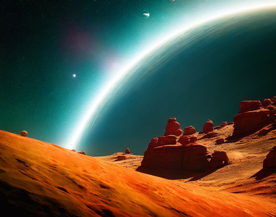 Illustration of Mars-like landscape with red rocks and planet in starry sky