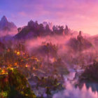 Mystical fog-enveloped jungle with purple-hued sky at sunrise or sunset