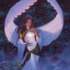 Angel with Large White Wings Surrounded by Blue Flowers