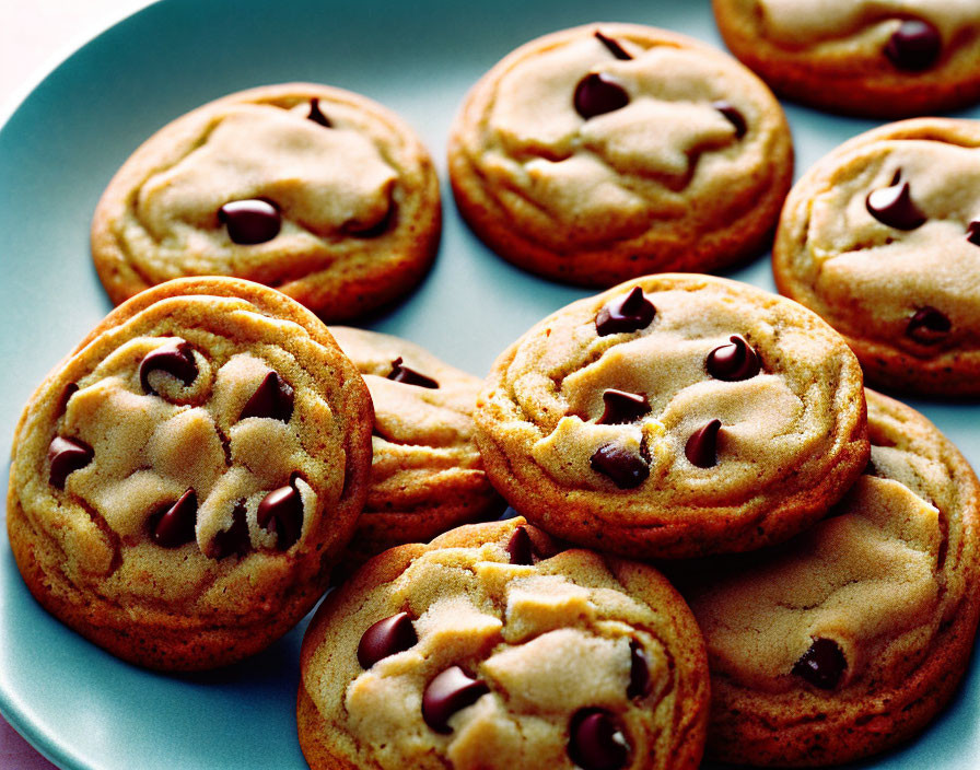 Fresh Chocolate Chip Cookies on Pastel Blue Plate