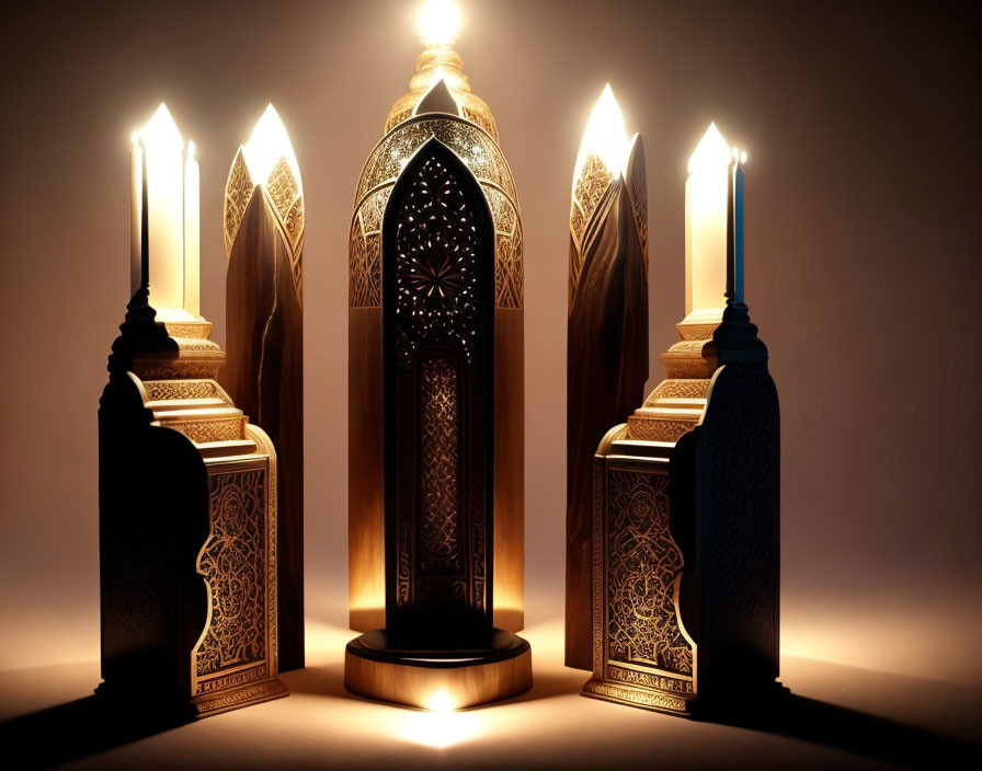 Ornate Golden Lanterns with Lit Candles on Dark Background