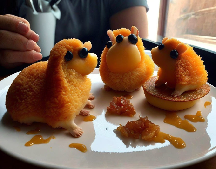 Three bird-shaped desserts with orange coating and beady eyes on a white plate.