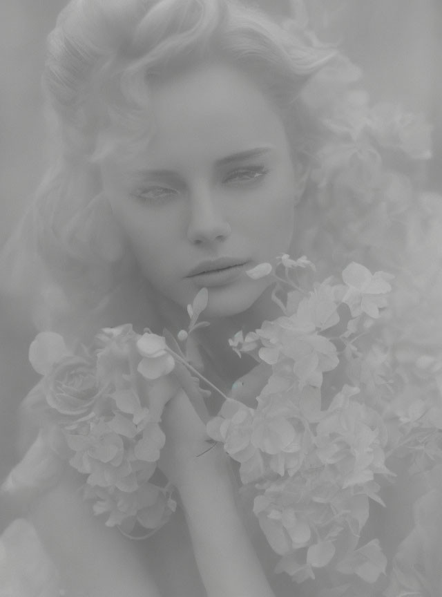 Monochromatic portrait of woman with vintage hairstyle and flowers