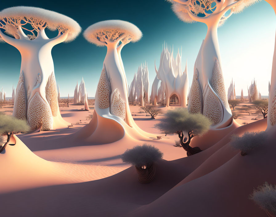 Surreal desert landscape with oversized baobab trees and spiky structures