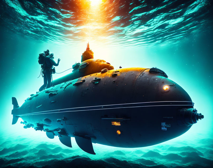 Underwater diver inspects large submarine with illuminated lights.
