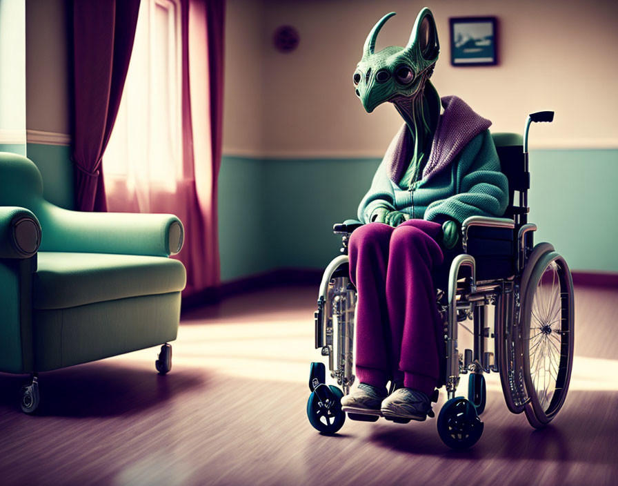 Surreal scene: Person in alien mask in wheelchair in room
