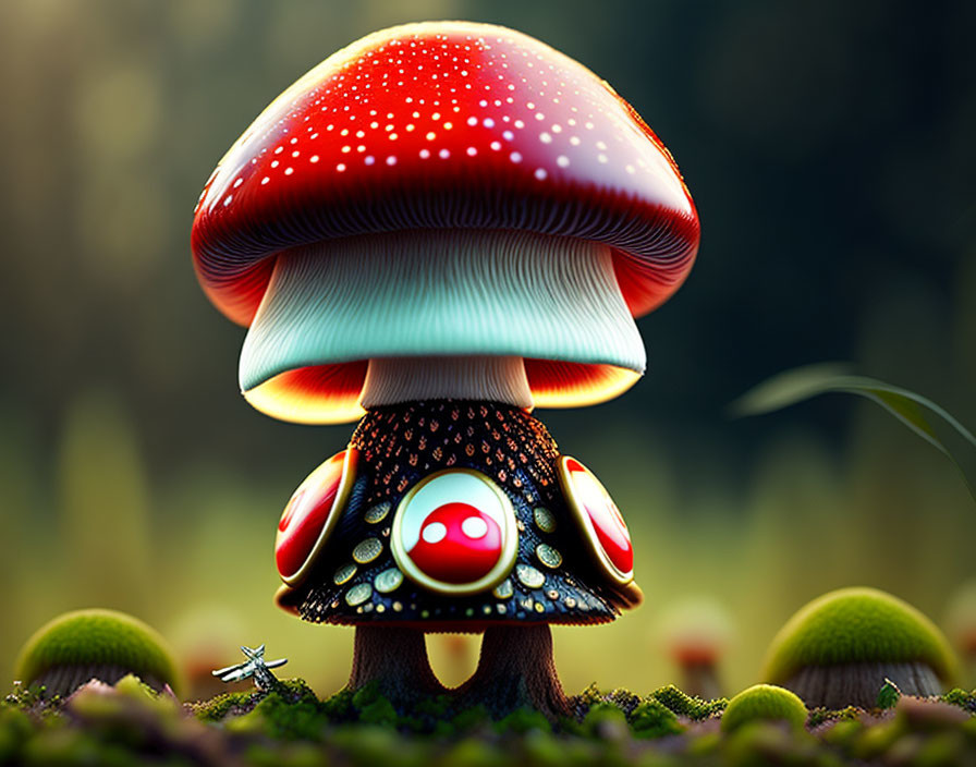 Whimsical digital illustration of red-and-white mushroom house in mossy forest