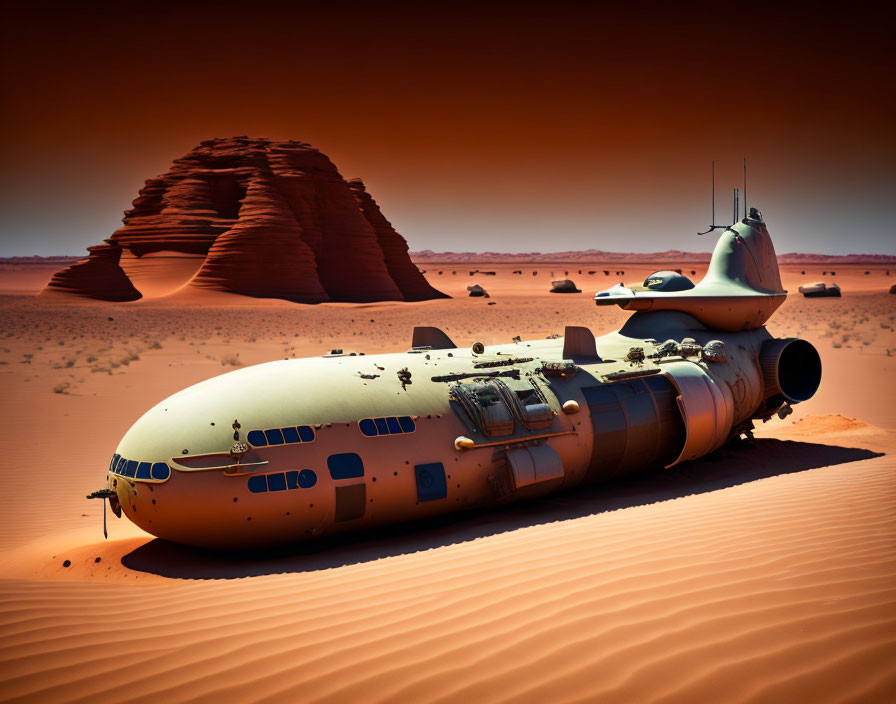 Deserted submarine in red sand dunes under clear sky